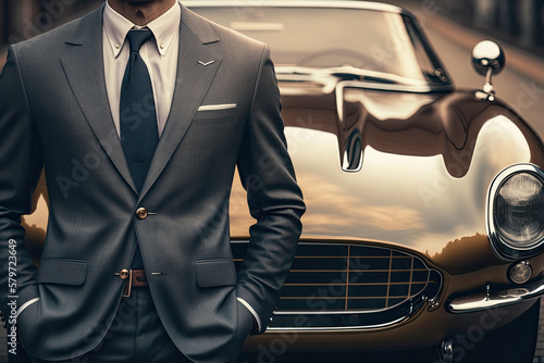 Unrecognizable businessman in suit stands next to luxury retro car. Concept of wealth and success. Created with Generative AI © Lazy_Bear