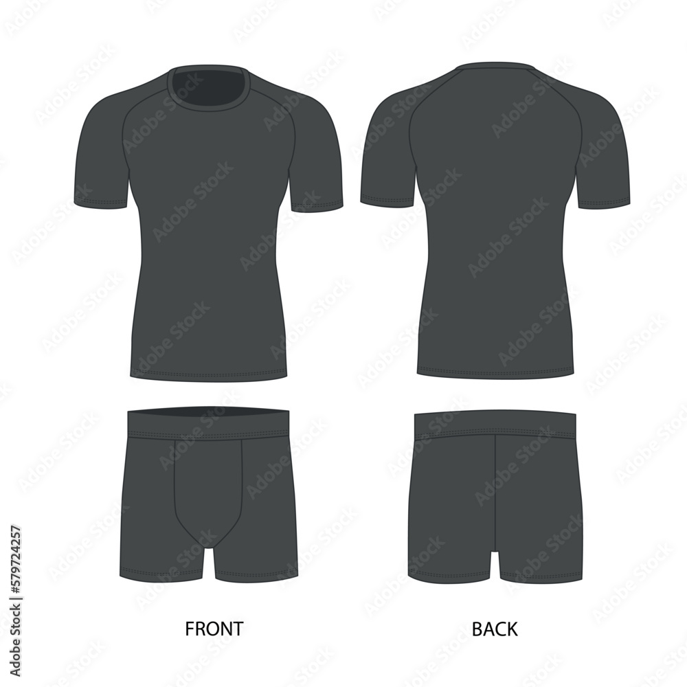 Vector drawing of a man's t-shirt and shorts in gray. Men's underwear template set, front and back view. T-shirt with short sleeves and round neck, vector. Stretch fabric briefs, vector. Vector drawing of a man's t-shirt and shorts in gray. Men's underwear template set, front and back view. T-shirt with short sleeves and round neck, vector. Stretch fabric briefs, vector.
