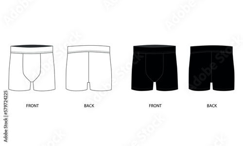 Vector drawing of men's underpants, front and back view. Men's briefs template, vector. Drawing of men's swimming trunks in white and black colors.