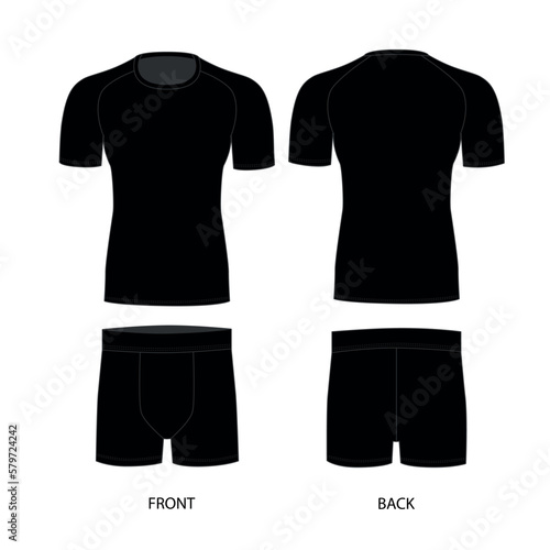 Vector drawing of a men's t-shirt and underpants, black. Male underwear template, front and back view. T-shirt with short sleeves and round neck, vector. Stretch fabric briefs, vector.