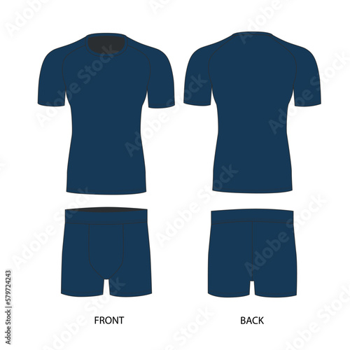 Vector drawing of a men's t-shirt and underpants, blue. Men's underwear template set, front and back view. T-shirt with short sleeves and round neck, vector. Stretch fabric briefs, vector.