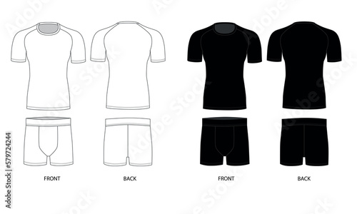 A set of vector drawings of a men's t-shirt and underpants, white and black colors. Men's underwear template set, front and back view. T-shirt with short sleeves and round neck, vector.