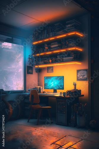 Wallpaper Mural The workplace in the warm light, Generative Ai Torontodigital.ca