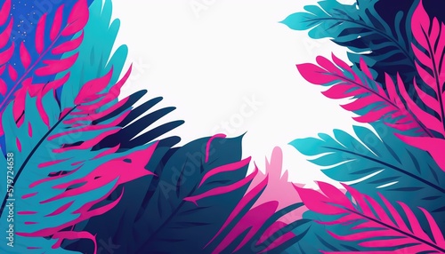  Pink and blue Foliage decorative frame in flat style Various abstract tropical leaves on a dark background. Generative Ai.