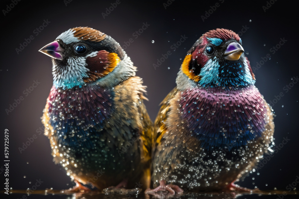 Obraz premium Finches on water close-up. Isolated on dark blurred background. Stunning birds and animals in nature travel or wildlife photography made with Generative AI