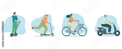 Set of Eco friendly alternative ecological transportation, People choose riding to travel with vehicles, 
bicycles, motorcycles, scooter, Environmental care concept, Vector design illustration.