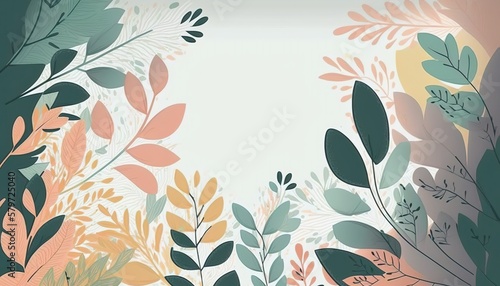 Pastel colored Foliage decorative frame in flat style Various abstract tropical leaves on a dark background. Generative Ai.