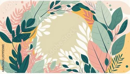 Pastel colored Foliage decorative frame in flat style Various abstract tropical leaves on a dark background. Generative Ai.