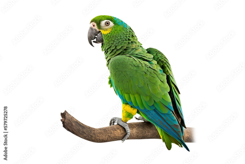 Amazon parrot perched on a branch, isolated  on transparent background. PNG. close up of Amazon. digital ai art