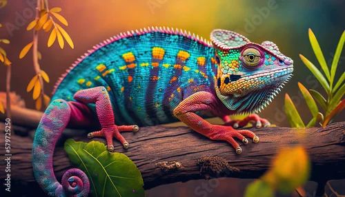 Obraz Beautiful of chameleon panther, chameleon panther on branch, chameleon panther closeup. digital ai art