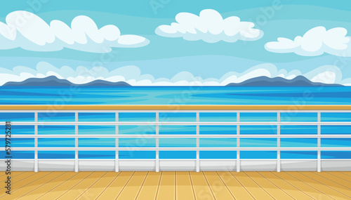 Seascape view concept. Wooden deck of cruise ship with fence. Beautiful landscape with blue sea or ocean water, clouds and mountain silhouettes. Travel and tourism. Cartoon flat vector illustration