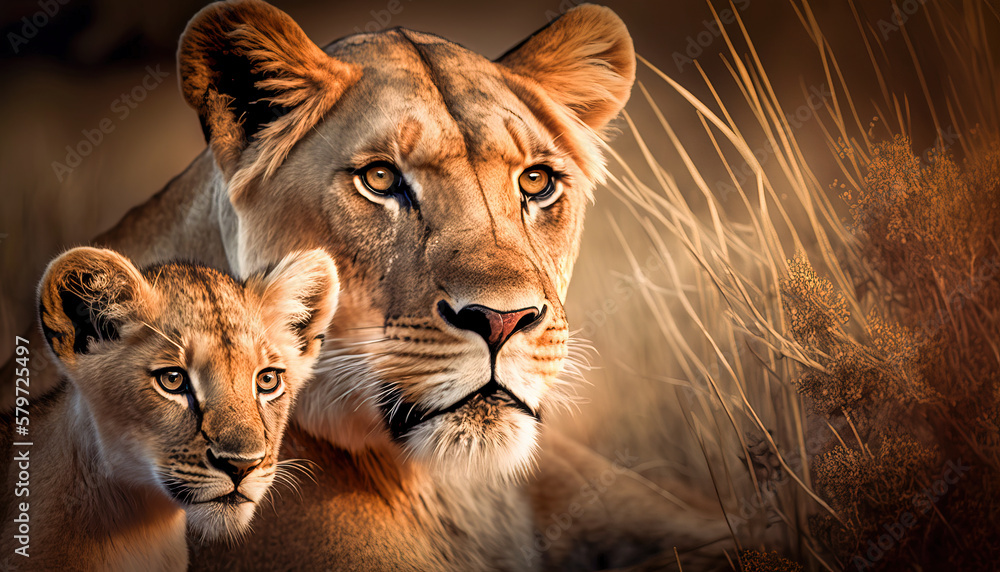 Lioness mother with her lion cub. mother love concept Digital ai art - obrazy, fototapety, plakaty 