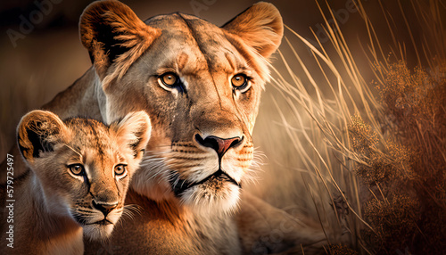Lioness mother with her lion cub. mother love concept Digital ai art
