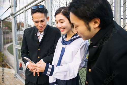 Photography Young japanese students with traditional school college uniforms meeting outdoor