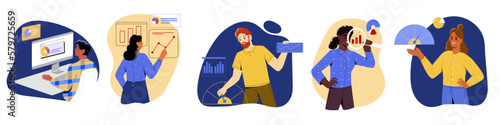 Set of benchmark. Comparing business process, indicator, performance metrics to bests. KPI of workers and measuring of employees. Cartoon flat vector illustrations isolated on white background
