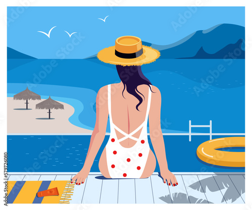 Woman at resort. Girl in white swimsuit sits in pool and looks at sea beach. Tourist at vacation resting in tropical country. Scenic view with blue ocean and mountain. Cartoon flat vector illustration