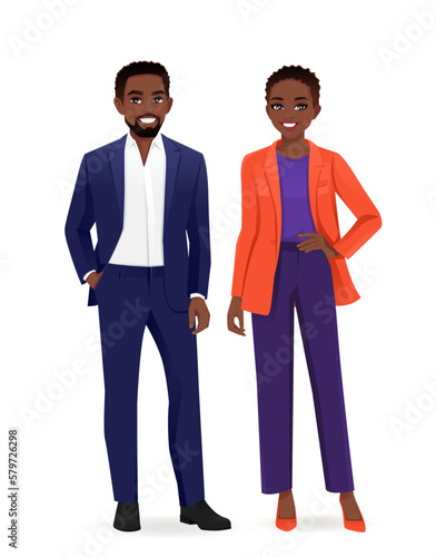 Smiling business man and woman standing isolated vector illustration.