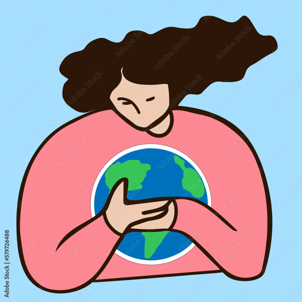 Woman with planet Earth . Nature love, planet care. Flat minimal vector illustration isolated on blue background. Happy Earth day greeting card template. Save the planet, conservation of nature. Woman with planet Earth . Nature love, planet care. Flat minimal vector illustration isolated on blue background. Happy Earth day greeting card template. Save the planet, conservation of nature.