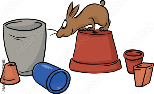 Cartoon Illustration von einem niedlichen schnuppernden Hasen umgeben von einer bunten Auswahl von diversen Blumentöpfen für den Garten im Frühling
