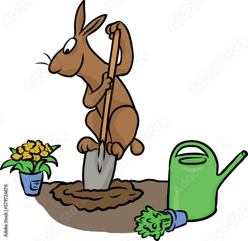 Cartoon Illustration von einem niedlichen Hasen mit Spaten und Gießkanne beim gärtnern, graben und pflanzen während der Gartenarbeit im Frühling