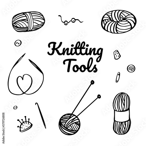 Knitting hobby tools collection. Balls of yarn, skeins of wool, knitting needles.  Doodle isolated vector illustration.