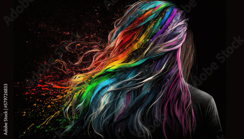 Lesbische Frau mit den Farben der Regenbogenflagge der LGBT-Bewegung (Lesbian, Gay, Bisexual and Transgender) im Haar. (Generative AI)