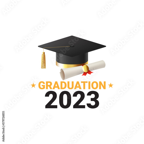 Symbol for graduation 2023. Vector illustration with logo for graduation 2023. Label class of 2023. Grad ceremony symbol with realistic mortar cap and scroll.