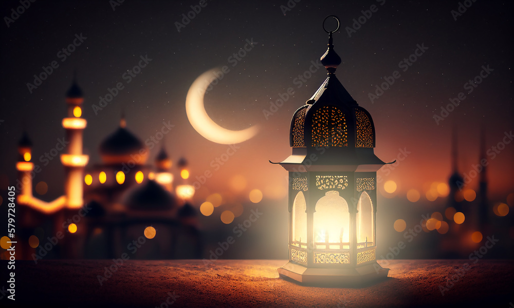 Fototapeta premium Ramadan Kareem greeting with serene mosque background with beautiful glowing lantern. Generative AI.
