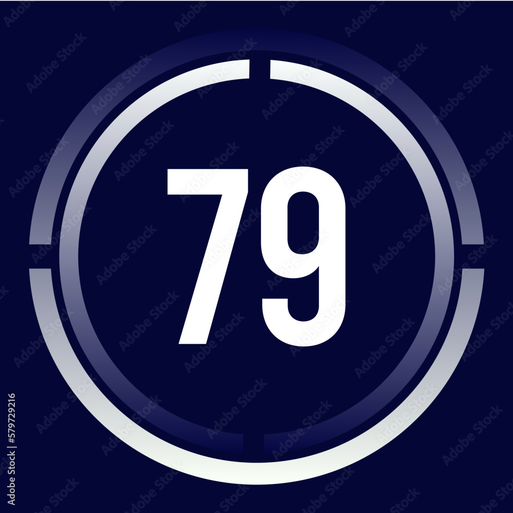 Number 79 design for business, print, books, movies, time-counting, companies in white, blue and blue gradient colors with half circles. Number 79 design for business, print, books, movies, time-counting, companies in white, blue and blue gradient colors with half circles.