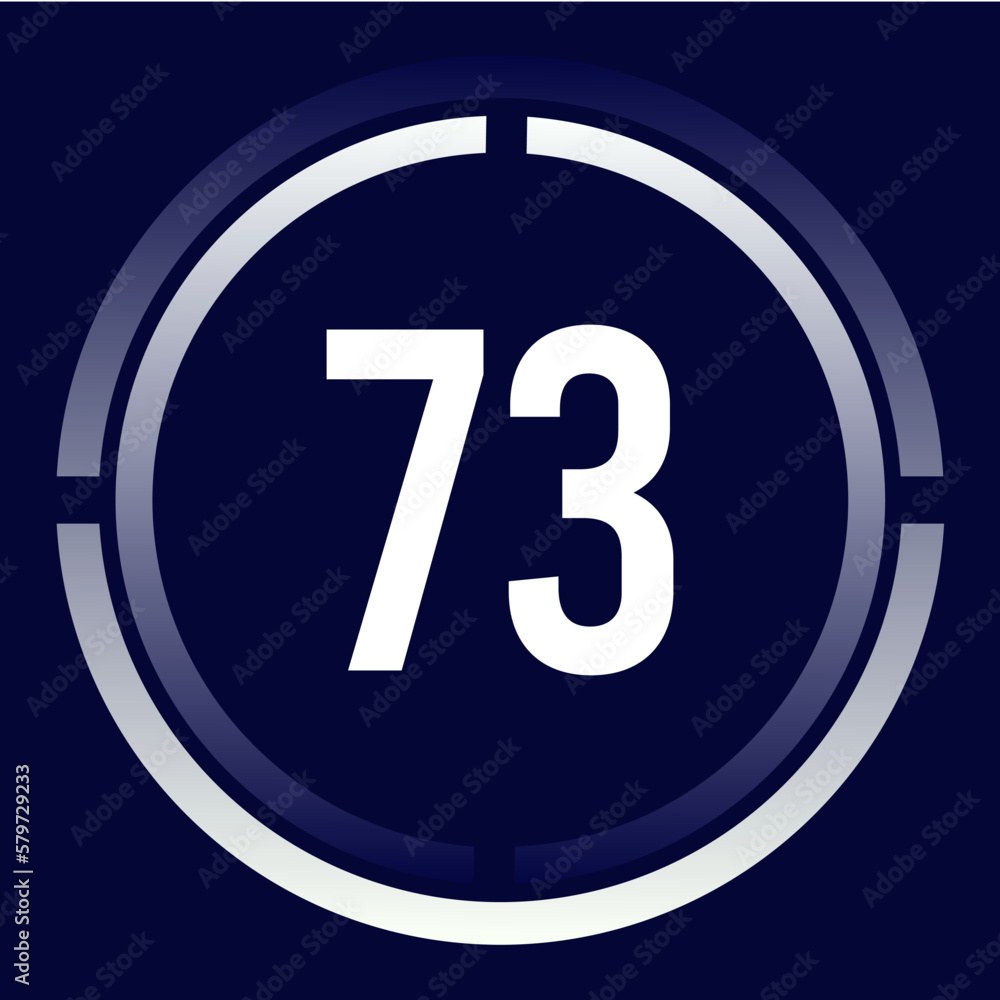 Number 73 design for business, print, books, movies, time-counting, companies in white, blue and blue gradient colors with half circles. Number 73 design for business, print, books, movies, time-counting, companies in white, blue and blue gradient colors with half circles.