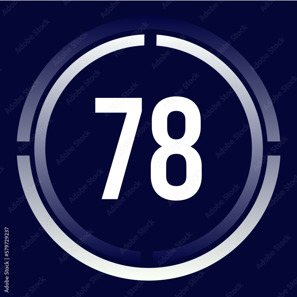 Number 78 design for business, print, books, movies, time-counting, companies in white, blue and blue gradient colors with half circles. Number 78 design for business, print, books, movies, time-counting, companies in white, blue and blue gradient colors with half circles.