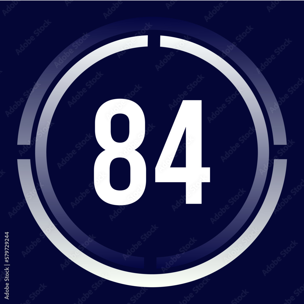 Number 84 design for business, print, books, movies, time-counting, companies in white, blue and blue gradient colors with half circles. Number 84 design for business, print, books, movies, time-counting, companies in white, blue and blue gradient colors with half circles.