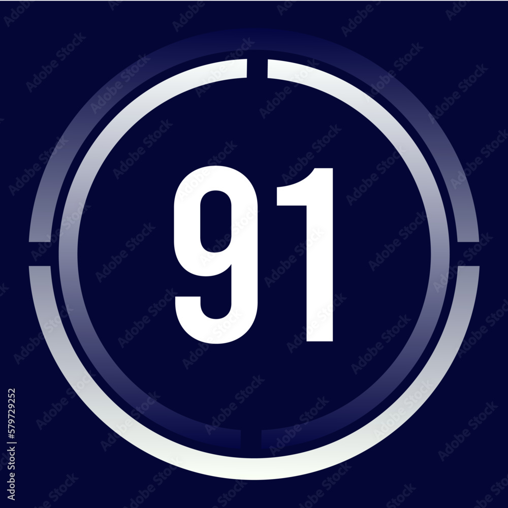 Number 91 design for business, print, books, movies, time-counting, companies in white, blue and blue gradient colors with half circles. Number 91 design for business, print, books, movies, time-counting, companies in white, blue and blue gradient colors with half circles.