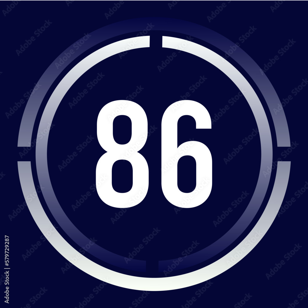 Number 86 design for business, print, books, movies, time-counting, companies in white, blue and blue gradient colors with half circles. Number 86 design for business, print, books, movies, time-counting, companies in white, blue and blue gradient colors with half circles.