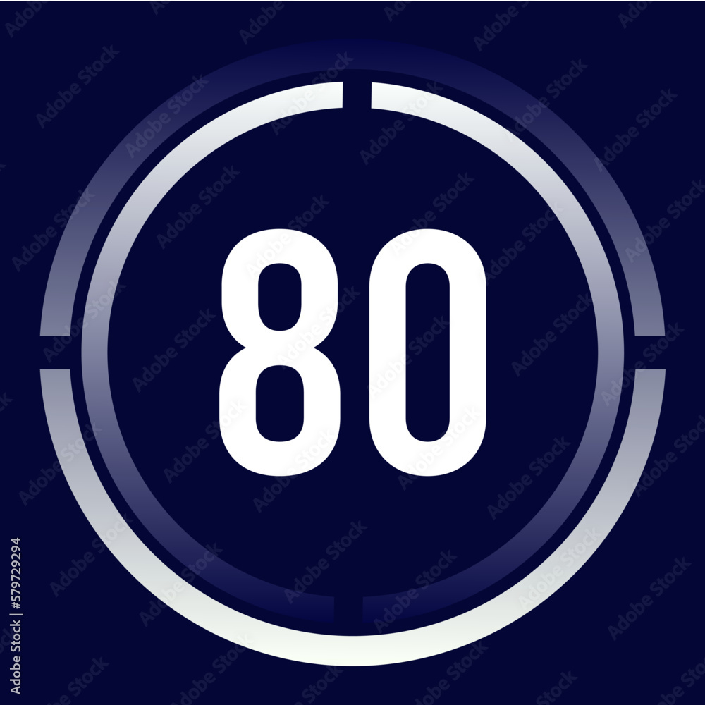Number 80 design for business, print, books, movies, time-counting, companies in white, blue and blue gradient colors with half circles. Number 80 design for business, print, books, movies, time-counting, companies in white, blue and blue gradient colors with half circles.