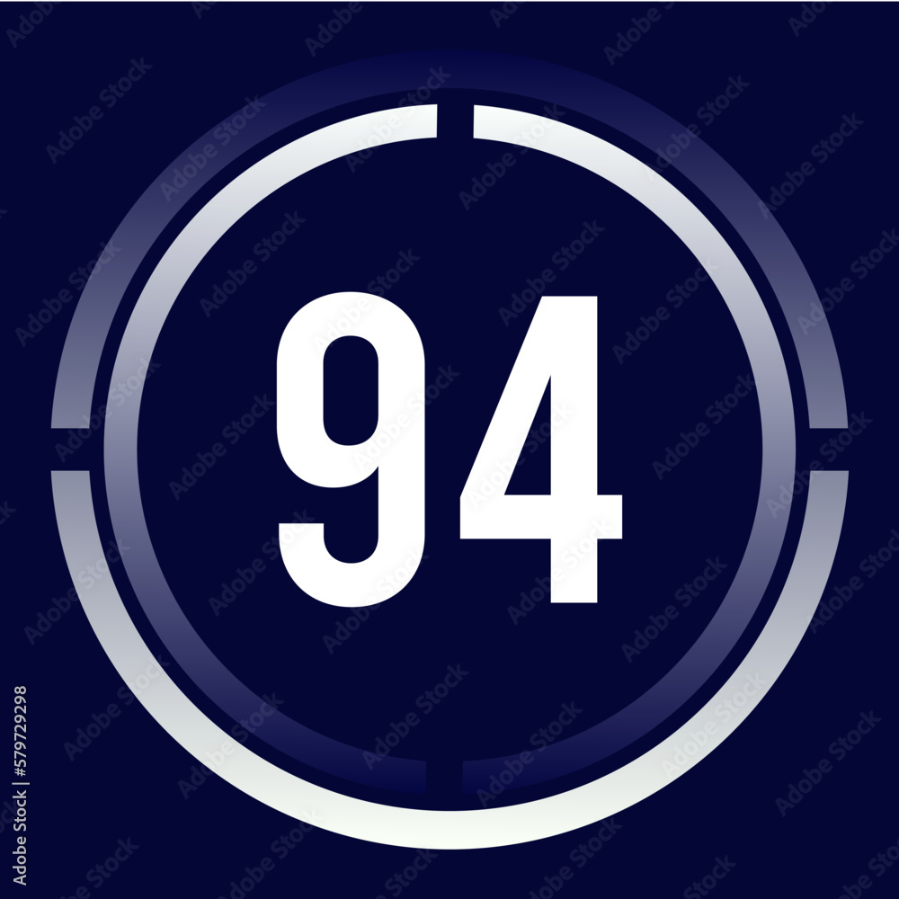 Number 94 design for business, print, books, movies, time-counting, companies in white, blue and blue gradient colors with half circles. Number 94 design for business, print, books, movies, time-counting, companies in white, blue and blue gradient colors with half circles.