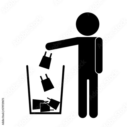 Isolated illustration of black stick figure thow plastic bag trash in to waste recycle bin, graphic template for do not litter, environment sign photo