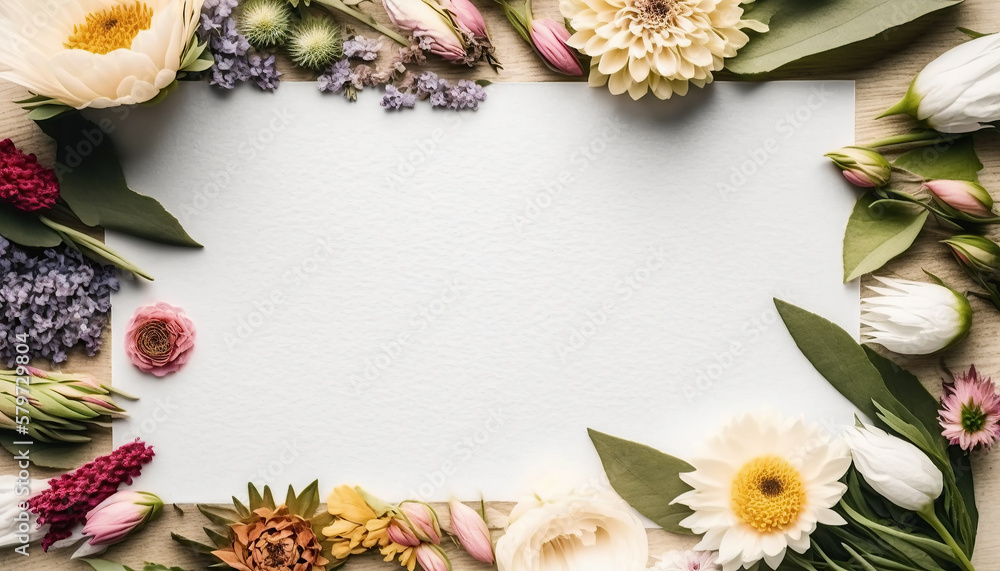 White wooden background with various flowers on borders and copy space. Generative AI White wooden background with various flowers on borders and copy space. Generative AI