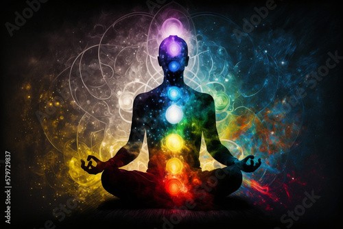 Concept of meditation and spiritual practice, expanding of consciousness, chakras and astral body activation, mystical inspiration image. Generative AI