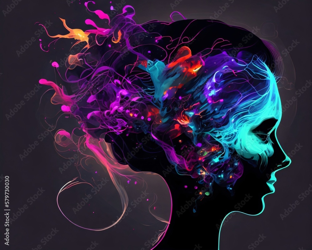 Colorful silhouette of a woman full of creative ideas, with splashes of paint created with generative AI technology.