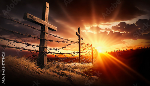 Photo Cross of jesus christ break barrier wire on a background with dramatic lighting,