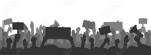 Crowd of people protesters. Silhouettes of protesting people with banners, megaphones and raised up hands and fist. Concept of fight for your rights, revolution or protest.