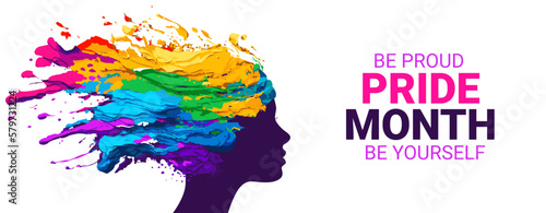 Vector banner for Pride Month. Colorful vector illustration with silhouette of head of woman with splash of liquid on head. LGBTQ banner. Human rights, freedom and tolerance concept. LGBT poster.