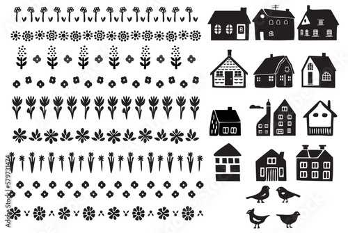 Collection of cottage house motifs in block print style. Set of homstead farm icons. 