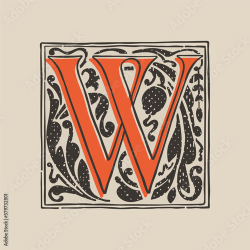 W letter drop cap logo in medieval engraving style. Blackletter square initial.