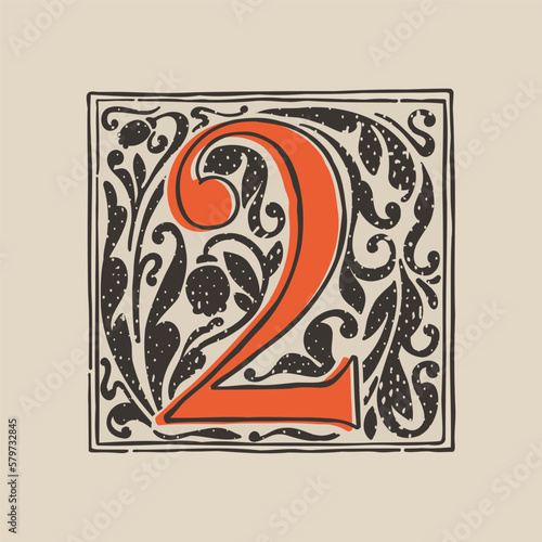 Number two drop cap logo in medieval engraving style. Blackletter square initial.