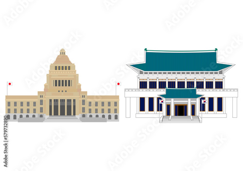 日本の国会議事堂と韓国の青瓦台