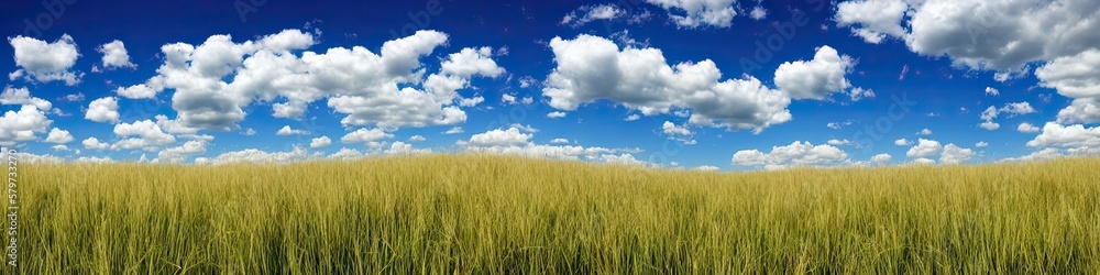 Green grassy field and blue skies with puffy white clouds. Panoramic landscape Green grassy field and blue skies with puffy white clouds. Panoramic landscape