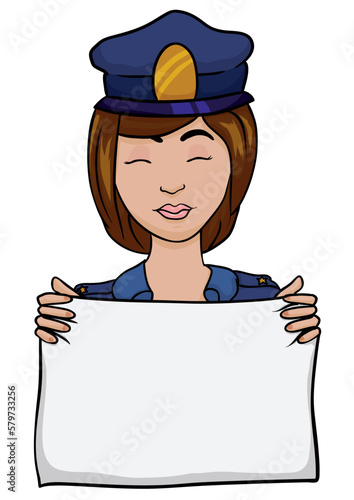 Proud policewoman with blue uniform and cap, holding a paper, Vector illustration