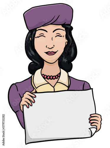 Elegant lady in retro clothes holding a blank paper, Vector illustration